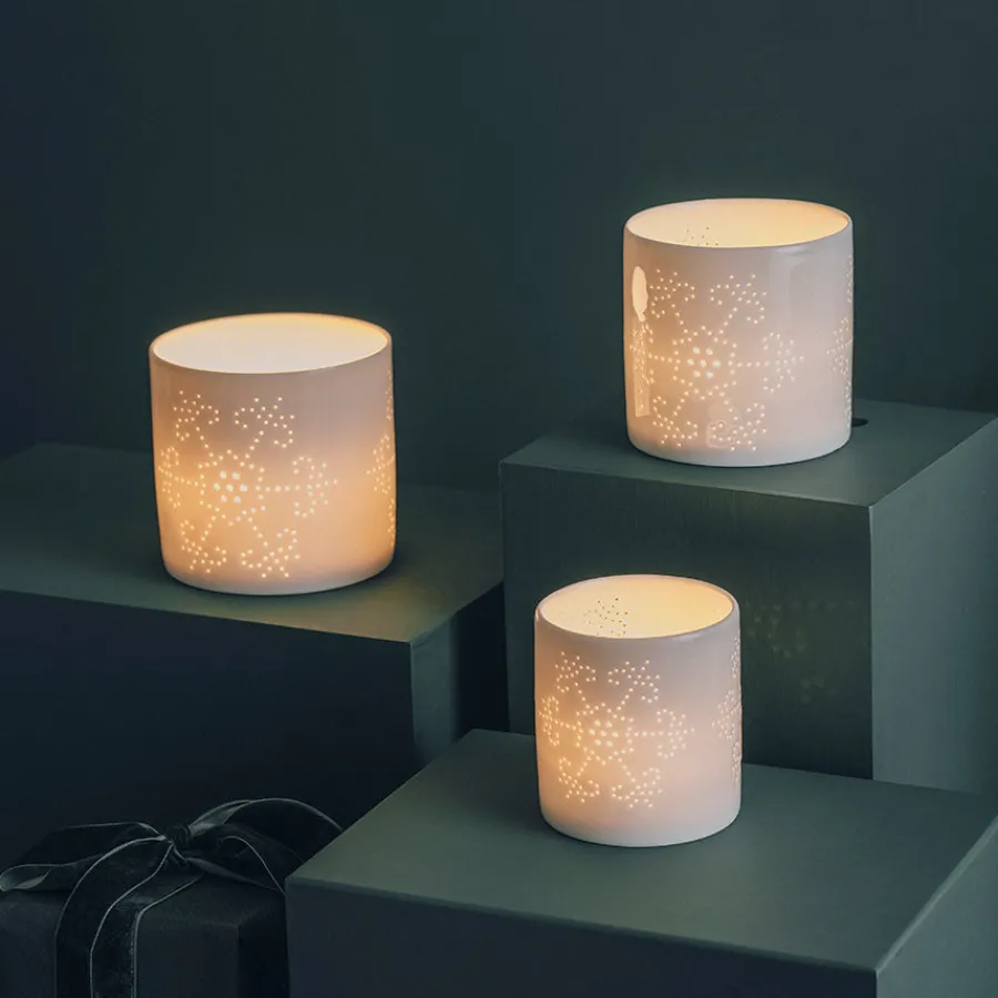 Lys>PORSGRUNDS PORSELÆNSFABRIK Snøfnugg Lyslykter 3pk 8, 10, 12cm